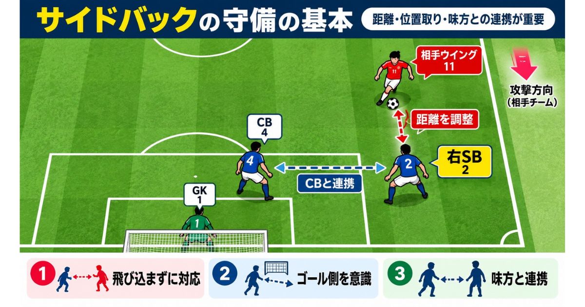 サッカーのサイドバックの守備位置を示す図解。青の右SB(2番)が相手ウイング(11番)との距離を調整し、ゴール側に立ちながら味方CB(4番)と連携して守る基本を解説。