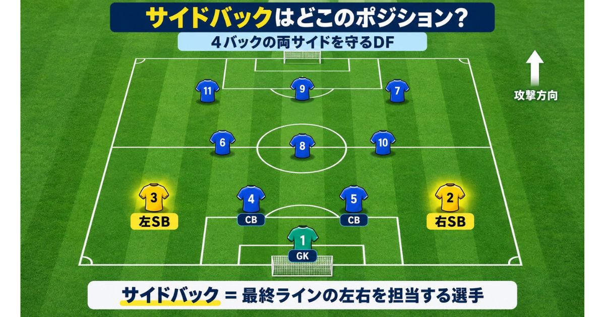 サッカーの4-3-3フォーメーション図。4バックの左端に左サイドバック(3番)、右端に右サイドバック(2番)を黄色で強調し、センターバックやGKとの位置関係を示している。