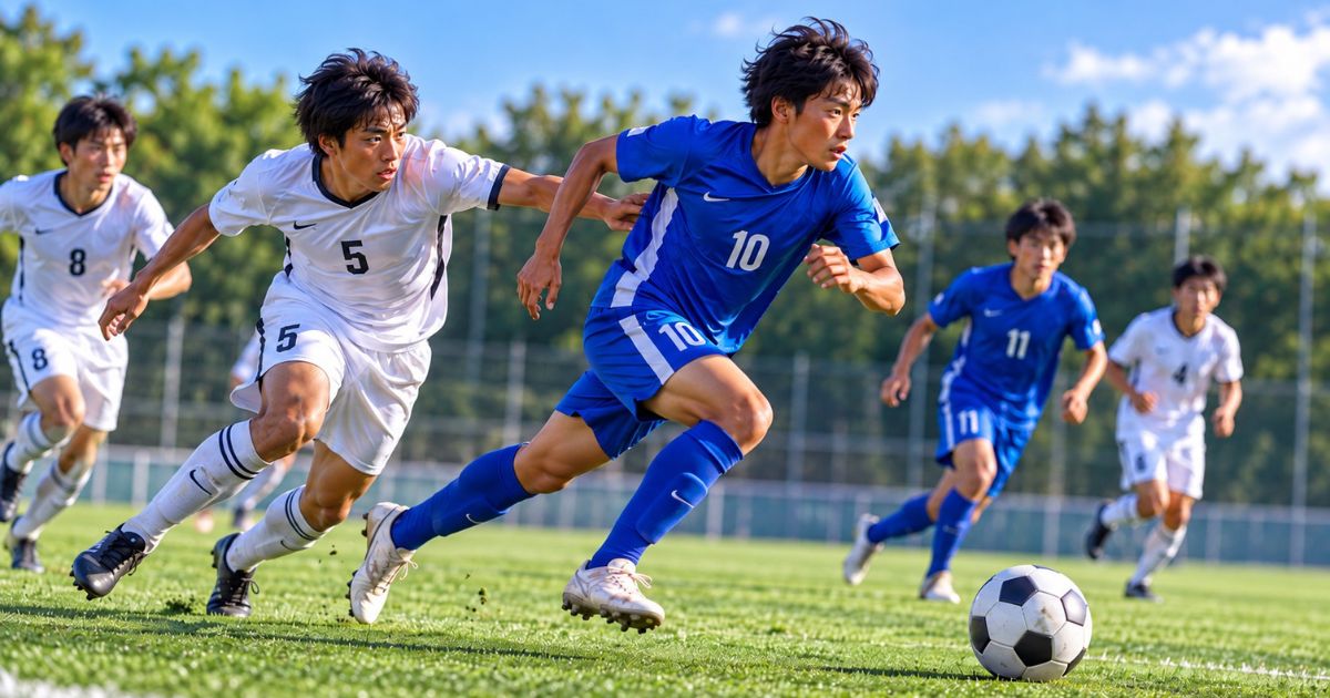サッカーの試合中、青いユニフォームの10番がボールに向かってスプリントし、白いユニフォームの5番が追走して守備する場面。周囲の選手も攻守それぞれの動きを見せている。
