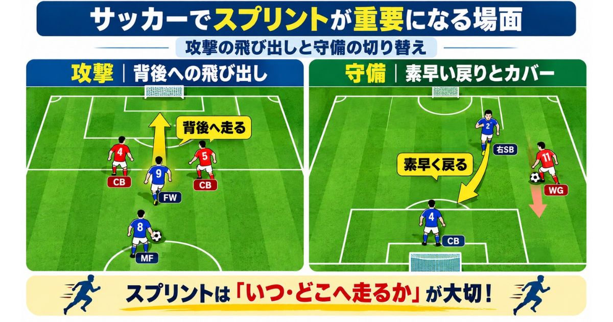 サッカーでスプリントが重要になる攻撃と守備の場面を比較した戦術図解。攻撃ではFW9番が相手DFの背後へ走り込み、守備では右SB2番が自陣ゴール側へ素早く戻ってスペースをカバーする動きを矢印で解説。