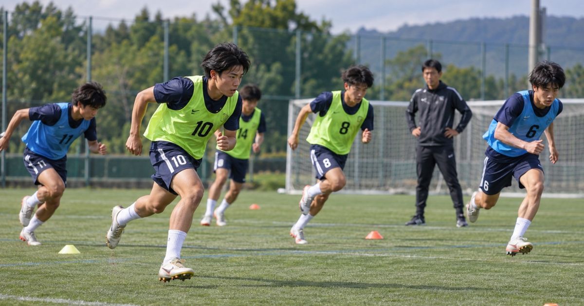 サッカーの練習グラウンドで、背番号付きのビブスを着た選手たちがマーカーを使ったスプリント・ダッシュ練習に取り組む様子。後方ではコーチが選手の走りを見守っている。