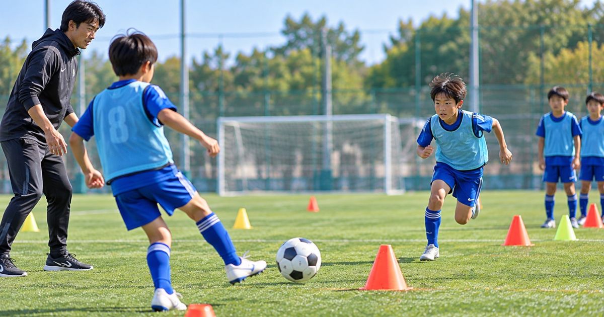 サッカーの練習グラウンドで、小学生の選手たちがボールを使ったパス＆ゴーの練習に取り組む様子。青いユニフォームの8番がパスを出し、別の選手がボールを受けるために走り込み、コーチが近くで見守っている。