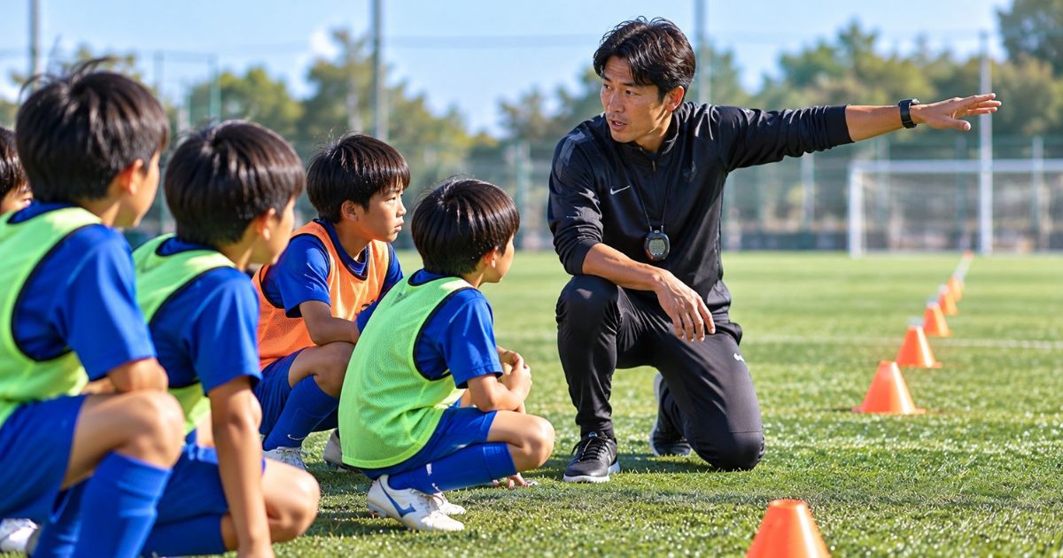 サッカーの練習グラウンドで、コーチが小学生の選手たちにスプリントの走り方や測定方法を説明する様子。コーチがマーカーを並べた方向を指し示し、子どもたちが座って説明を聞いている。