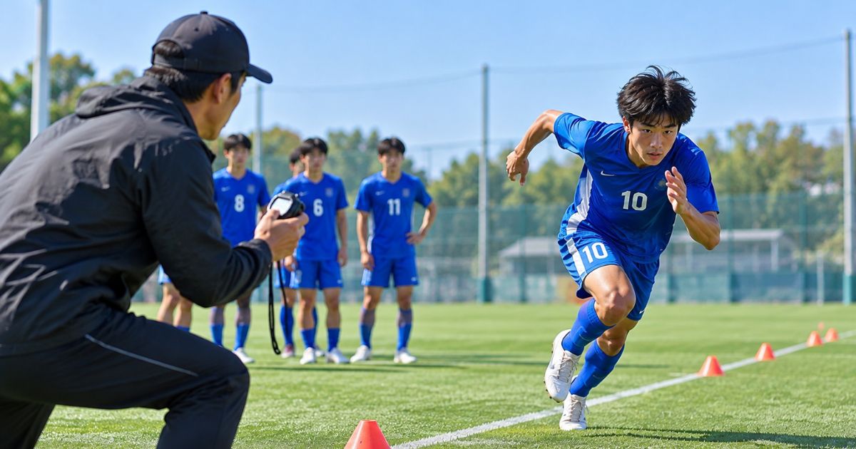 サッカーの練習グラウンドで、青いユニフォームの10番がダッシュする様子。手前ではコーチがストップウォッチでスプリントのタイムを計測し、後方ではチームメイトが見守っている。