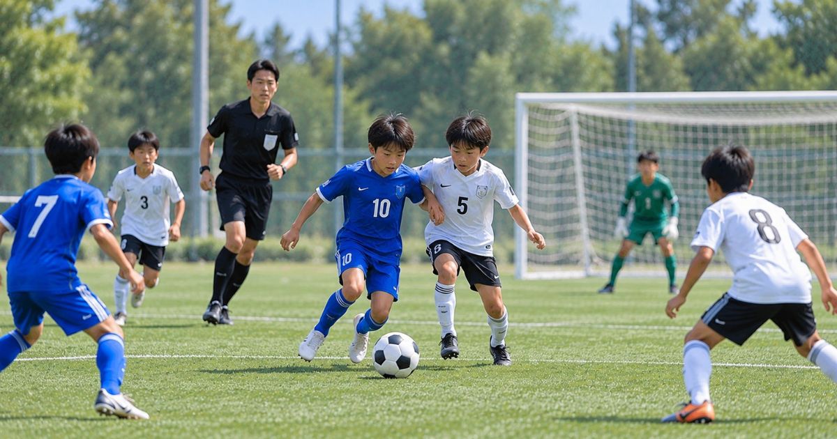 小学生の8人制サッカーの試合で、青10番の選手が白5番とボールを競り合う場面。周囲の選手が守備に入り、黒い審判服の主審がプレーを見守っている。