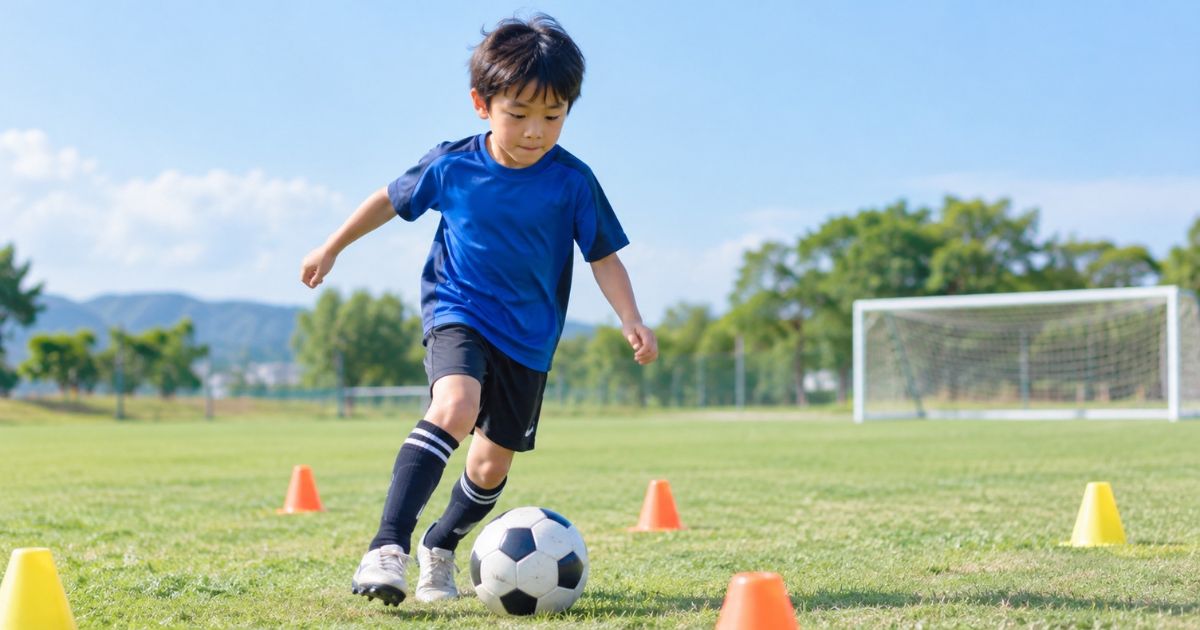芝生のサッカーコートで、マーカーコーンを使いながらドリブル練習をする小学生の男の子。足元のボールをコントロールし、逆足の練習に取り組む様子。