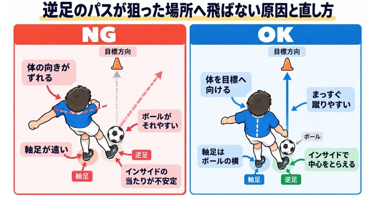 逆足のインサイドパスが狙った方向へ飛ばない原因と直し方を比較した図解。軸足の位置、体の向き、足の当て方についてNG例とOK例を解説。