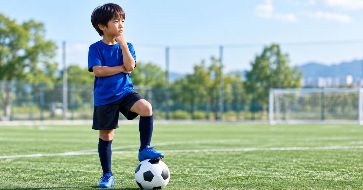 サッカーコートでボールの上に片足を乗せ、あごに手を当てて考える小学生の男の子。逆足練習の必要性や利き足とのバランスをイメージした実写風画像。