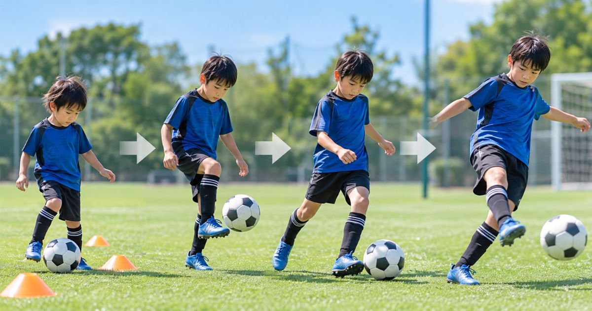 小学生のサッカー逆足練習を段階的に表現した実写風画像。芝生のグラウンドで、ボールタッチからボールコントロール、キックへと練習を進める少年の様子。