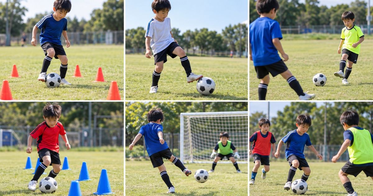 小学生向けサッカーの逆足練習メニュー6選を表現した実写風画像。ボールタッチ・トラップ・インサイドパス・ドリブル・シュート・ミニゲームの練習風景を6分割で紹介。