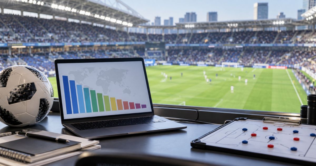 サッカーリーグの世界ランキングをイメージした実写風画像。スタジアムを背景に、世界地図とランキングの棒グラフを表示したノートパソコン、サッカーボール、戦術ボードが置かれている。