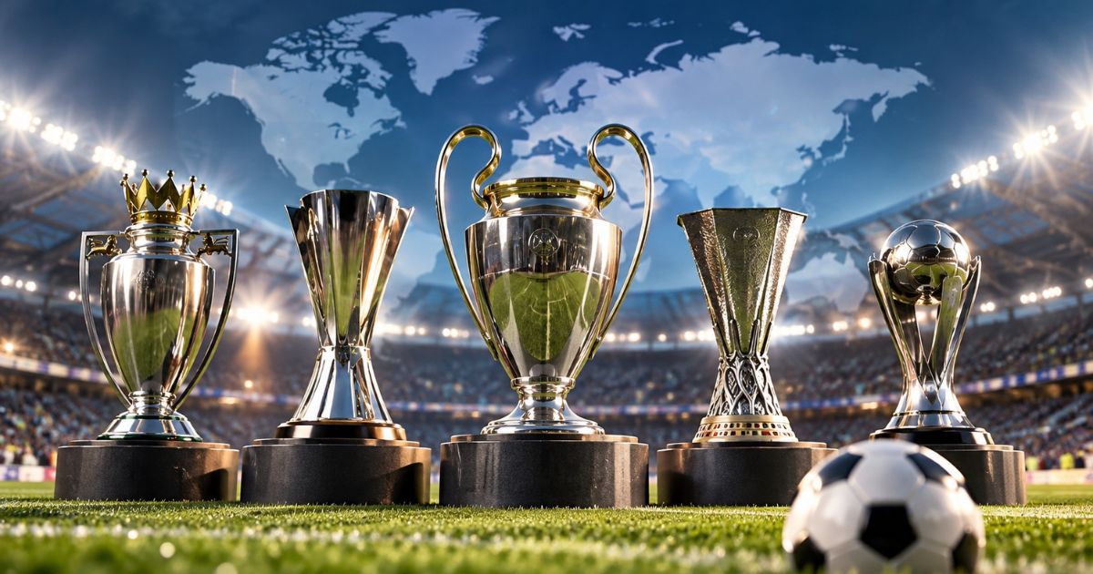 世界のサッカーリーグランキング上位5リーグをイメージした画像。満員のスタジアムに5つの優勝トロフィーが並び、背景には世界地図、手前にはサッカーボールが置かれている。