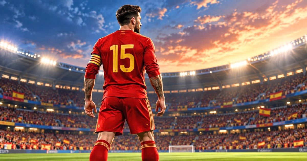 スペイン代表の背番号15を着けたサッカー選手の後ろ姿が、夕暮れのスタジアムに立つイメージ