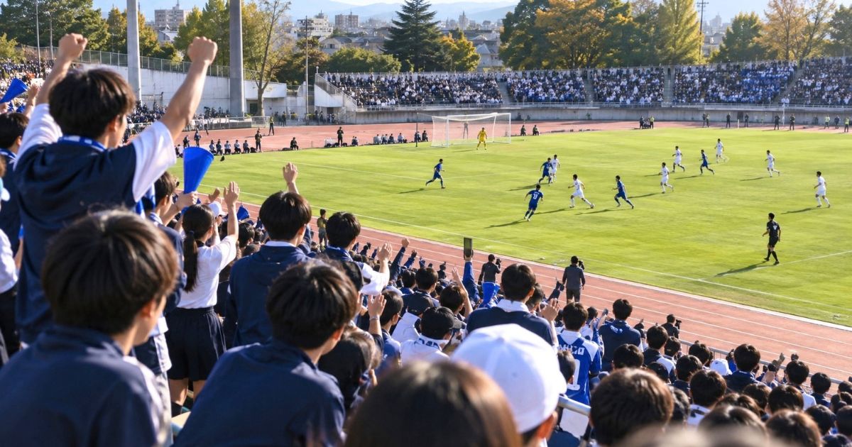 東京の高校サッカーの試合をイメージした、観客が声援を送る中でプレーする選手たち