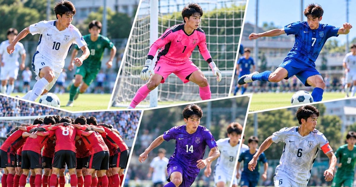 東京の高校サッカーで注目したい複数校の選手やゴールキーパー、試合前の円陣をまとめたイメージ