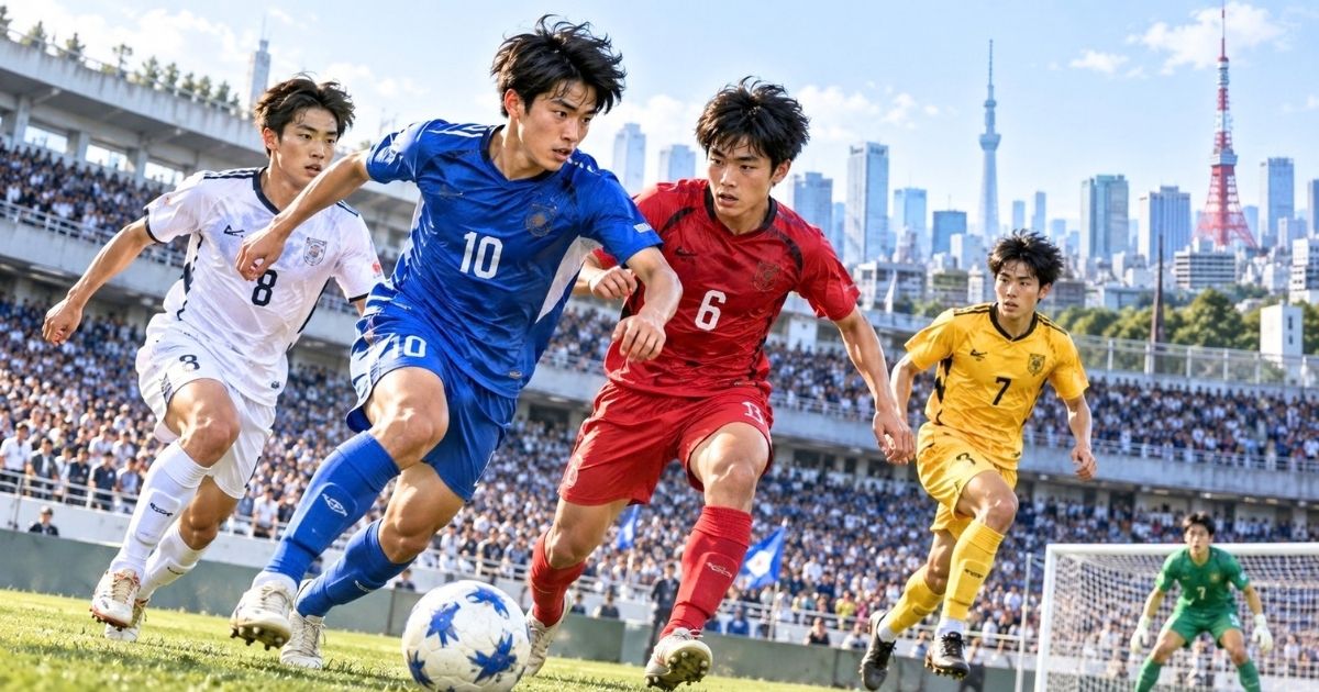 東京の高校サッカー強豪校をイメージした、複数の選手がボールを競り合う試合シーン