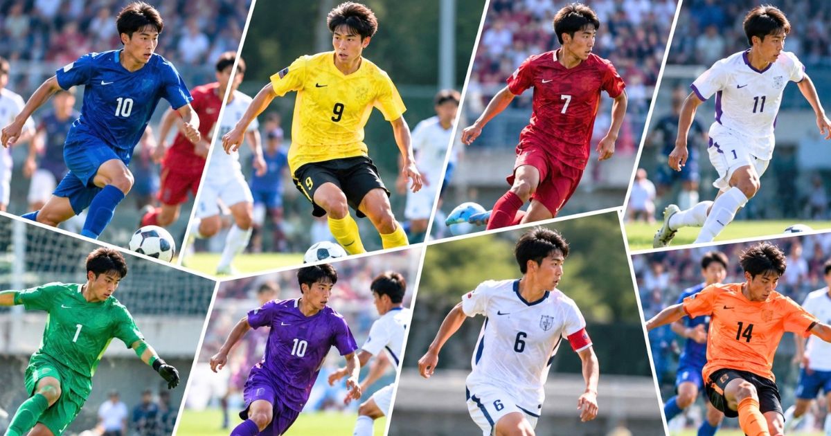 異なるユニフォームを着た高校サッカー選手のプレーを並べた、東京の強豪校をカテゴリー別に比較するイメージ