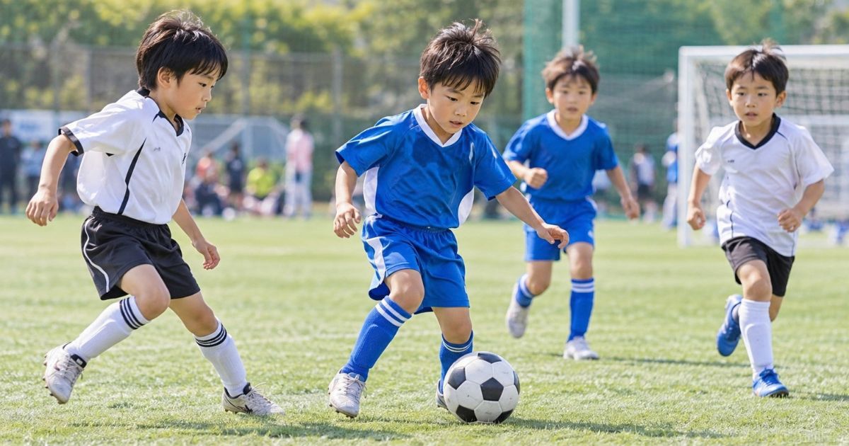 U-8年代の少年サッカーの試合で、青いユニフォームの日本人の男の子がドリブルし、白いユニフォームの相手選手と競り合う様子。