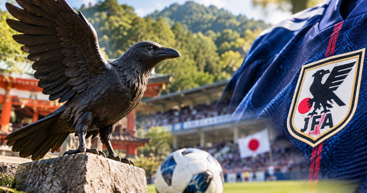 神社を背景に石の上に立つ黒いカラスと、サッカー日本代表の青いユニフォームに描かれたJFAエンブレム。日本代表のシンボルである八咫烏(やたがらす)とサッカーの関係を表現した画像。