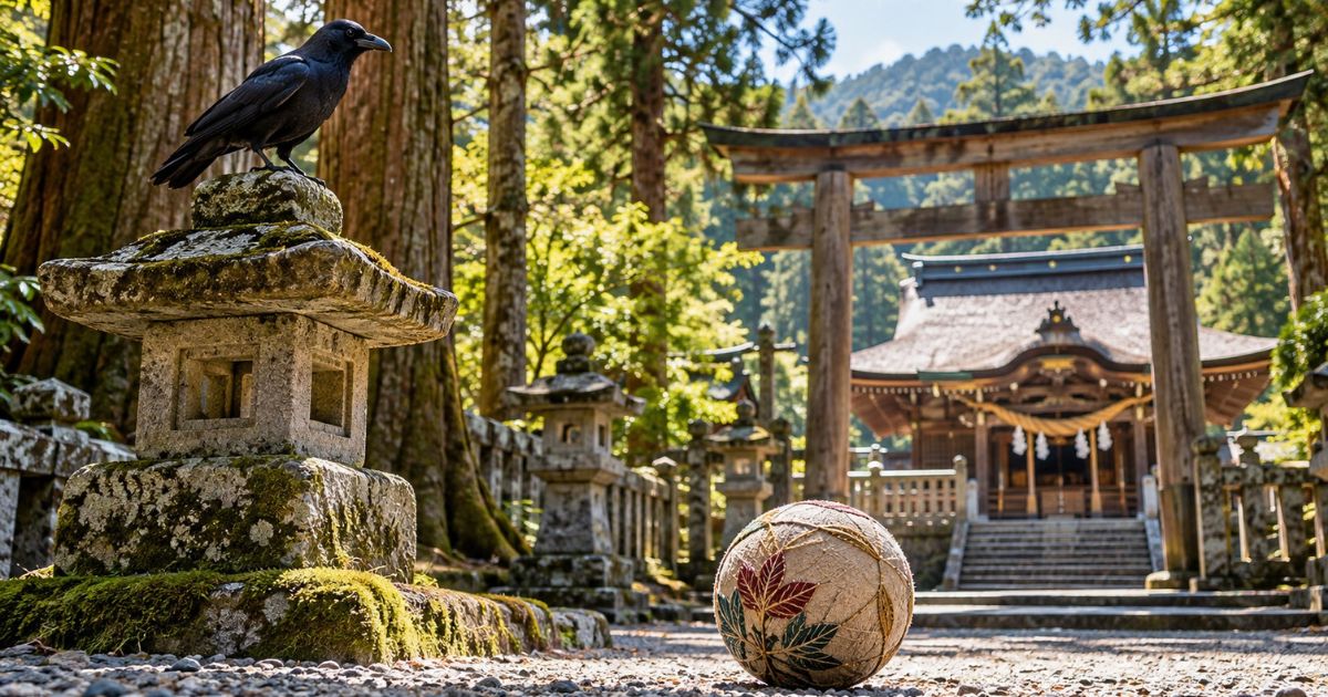 熊野の神社をイメージした緑豊かな境内に、石灯籠にとまる黒いカラスと蹴鞠の鞠が置かれた風景。八咫烏と熊野信仰、日本の伝統的な球技・蹴鞠との歴史的な関係を表現した画像。