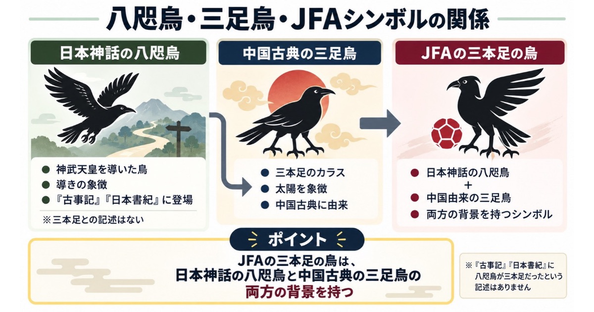 日本神話の八咫烏、中国古典の三足烏、サッカー日本代表のJFAシンボルの関係を比較した図解。八咫烏は神武天皇を導いた鳥、三足烏は太陽を象徴する三本足のカラスで、JFAのシンボルには両方の背景があることを解説。