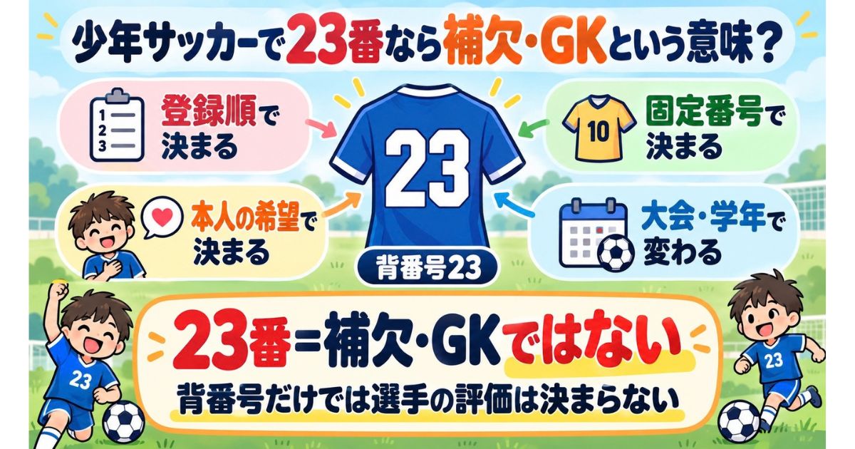 少年サッカーの背番号23の意味を解説する図解。登録順・固定番号・本人の希望・大会や学年など、番号の決め方はさまざまで、23番だから補欠やGKとは限らないことを説明。