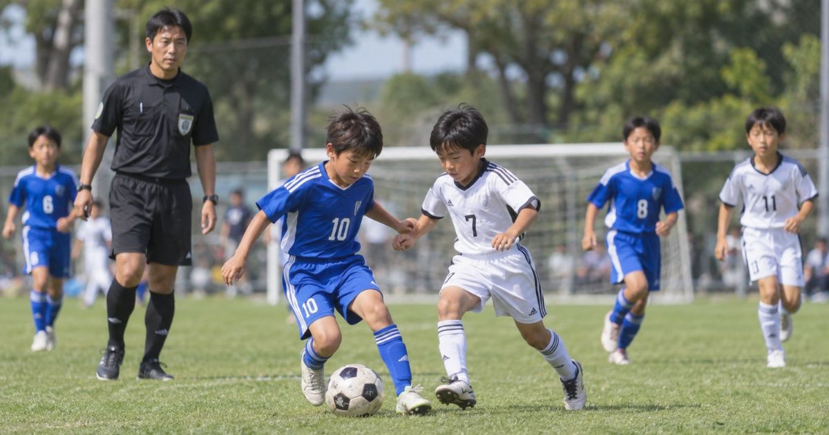 少年サッカーの試合で、青いユニフォームの10番と白いユニフォームの7番がボールを競り合い、近くで審判がプレーを見守る様子。