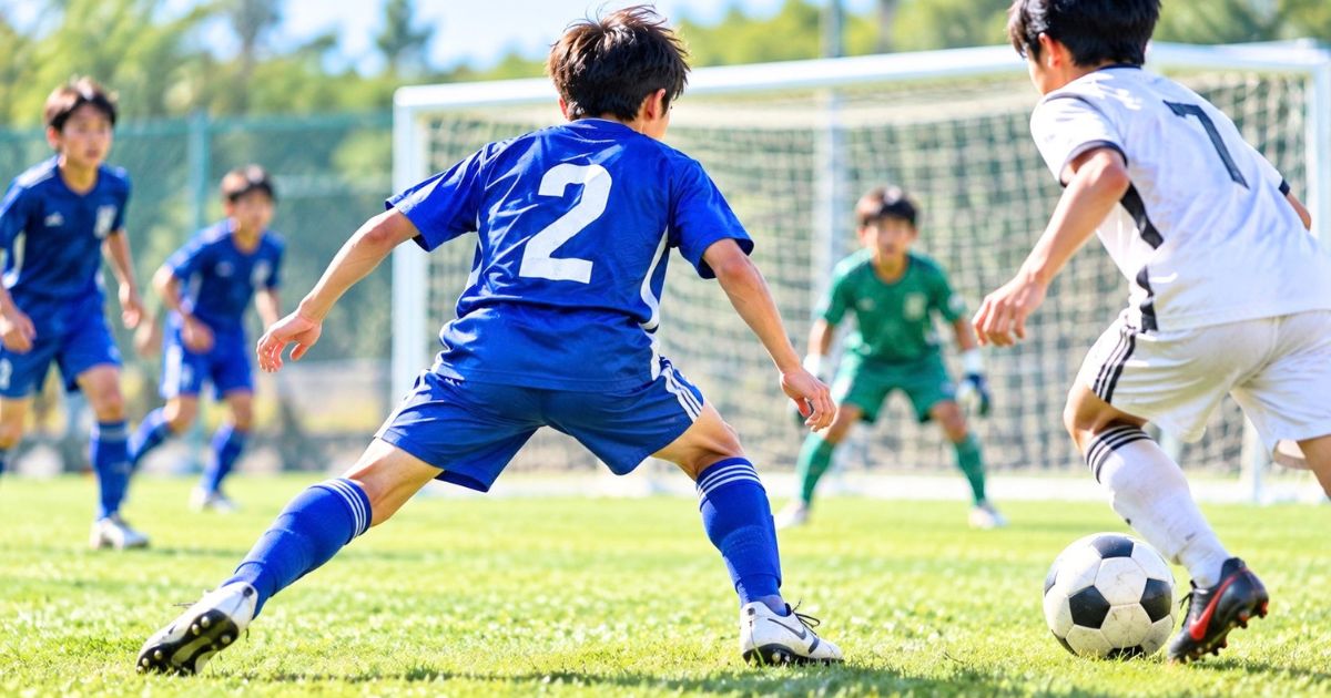 少年サッカーの試合で、背番号2の選手が自陣ゴール前で相手選手を守備するシーン
